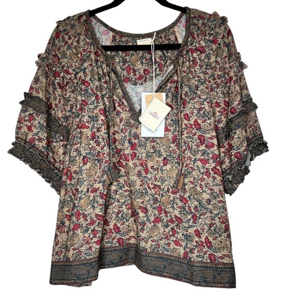 Faherty B. Yellowtail Womens Floral Ruffle Trim Bodhi Top Blouse Size L NEW - Picture 3 of 11